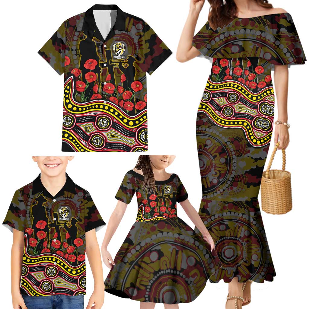 Richmond Tigers ANZAC Day Family Matching Mermaid Dress and Hawaiian Shirt Indigenous Dot Art with Poppy Flower Tribute