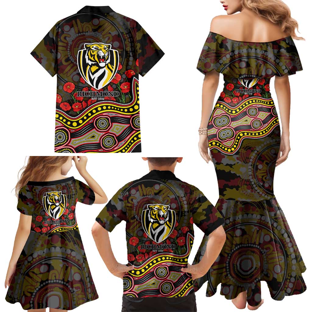 Richmond Tigers ANZAC Day Family Matching Mermaid Dress and Hawaiian Shirt Indigenous Dot Art with Poppy Flower Tribute