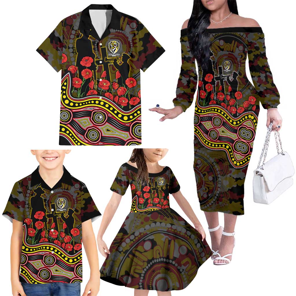 Richmond Tigers ANZAC Day Family Matching Off The Shoulder Long Sleeve Dress and Hawaiian Shirt Indigenous Dot Art with Poppy Flower Tribute
