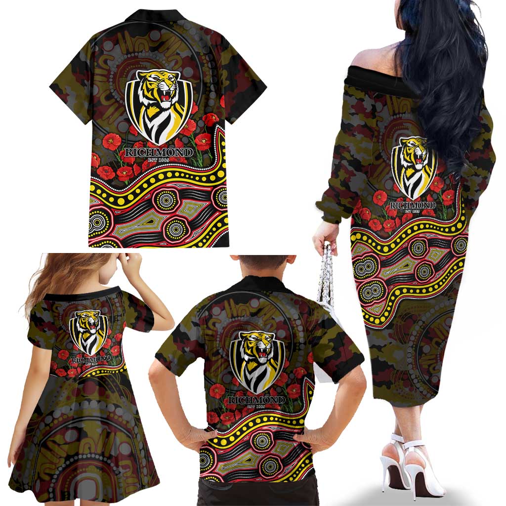 Richmond Tigers ANZAC Day Family Matching Off The Shoulder Long Sleeve Dress and Hawaiian Shirt Indigenous Dot Art with Poppy Flower Tribute