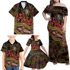 Richmond Tigers ANZAC Day Family Matching Off Shoulder Maxi Dress and Hawaiian Shirt Indigenous Dot Art with Poppy Flower Tribute