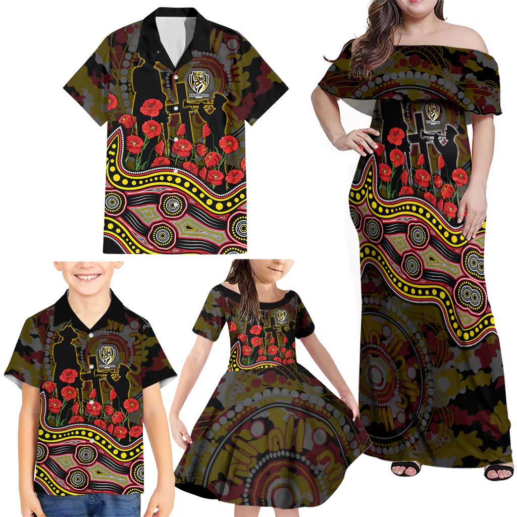 Richmond Tigers ANZAC Day Family Matching Off Shoulder Maxi Dress and Hawaiian Shirt Indigenous Dot Art with Poppy Flower Tribute