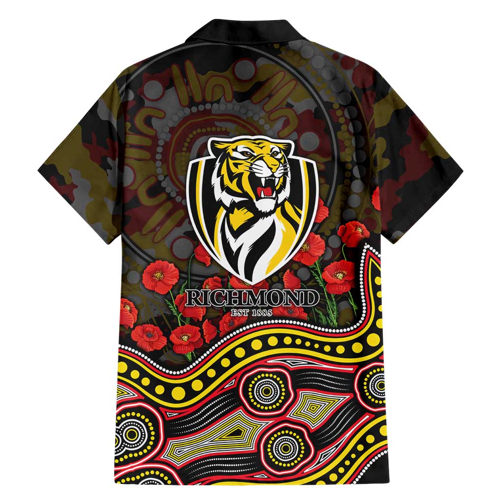 Richmond Tigers ANZAC Day Family Matching Off Shoulder Maxi Dress and Hawaiian Shirt Indigenous Dot Art with Poppy Flower Tribute