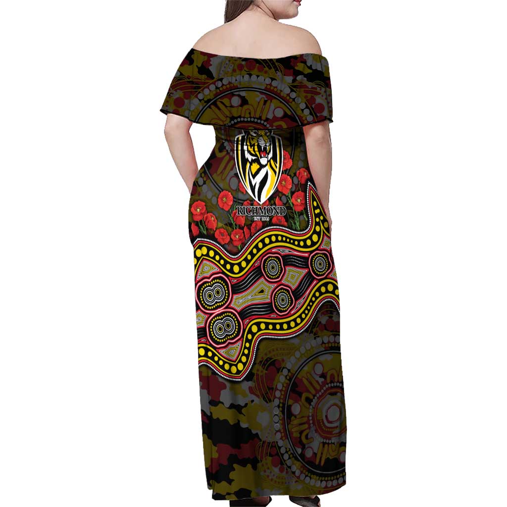 Richmond Tigers ANZAC Day Family Matching Off Shoulder Maxi Dress and Hawaiian Shirt Indigenous Dot Art with Poppy Flower Tribute