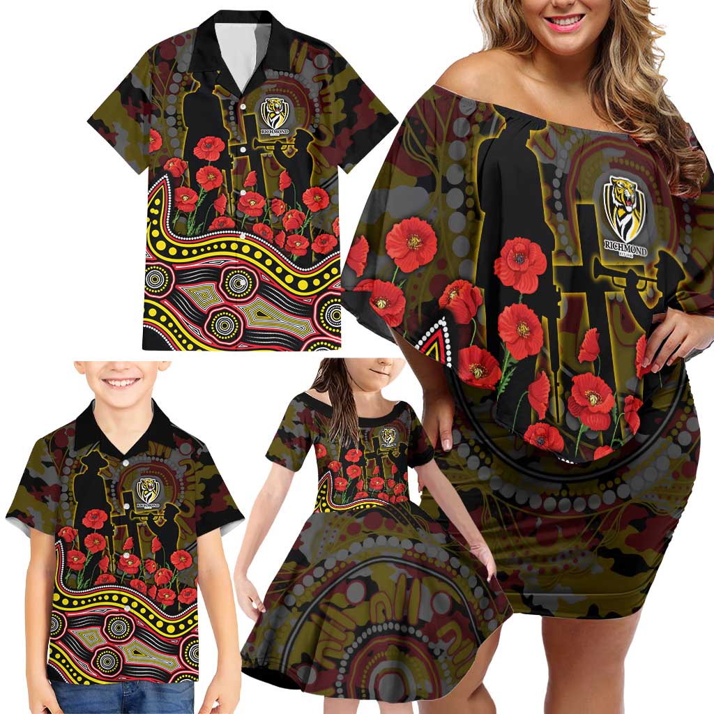 Richmond Tigers ANZAC Day Family Matching Off Shoulder Short Dress and Hawaiian Shirt Indigenous Dot Art with Poppy Flower Tribute