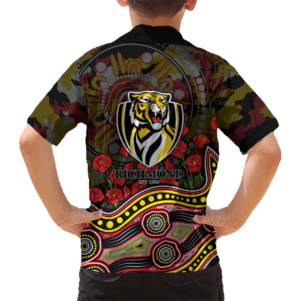 Richmond Tigers ANZAC Day Family Matching Off Shoulder Short Dress and Hawaiian Shirt Indigenous Dot Art with Poppy Flower Tribute