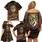 Richmond Tigers ANZAC Day Family Matching Off Shoulder Short Dress and Hawaiian Shirt Indigenous Dot Art with Poppy Flower Tribute