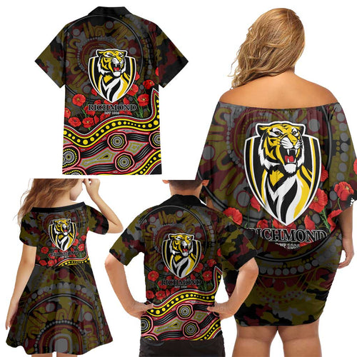 Richmond Tigers ANZAC Day Family Matching Off Shoulder Short Dress and Hawaiian Shirt Indigenous Dot Art with Poppy Flower Tribute