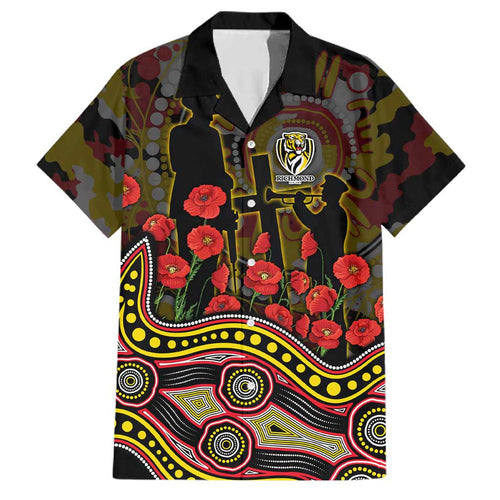 Richmond Tigers ANZAC Day Family Matching Off Shoulder Short Dress and Hawaiian Shirt Indigenous Dot Art with Poppy Flower Tribute