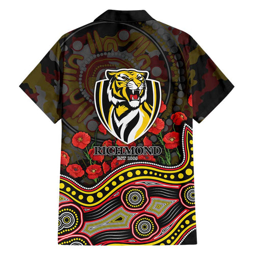 Richmond Tigers ANZAC Day Family Matching Off Shoulder Short Dress and Hawaiian Shirt Indigenous Dot Art with Poppy Flower Tribute