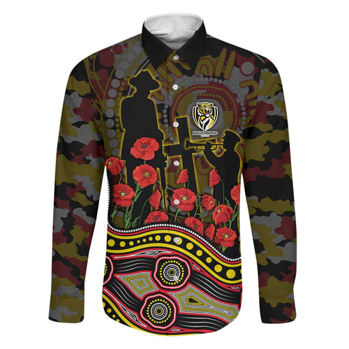 Richmond Tigers ANZAC Day Family Matching Off Shoulder Short Dress and Hawaiian Shirt Indigenous Dot Art with Poppy Flower Tribute