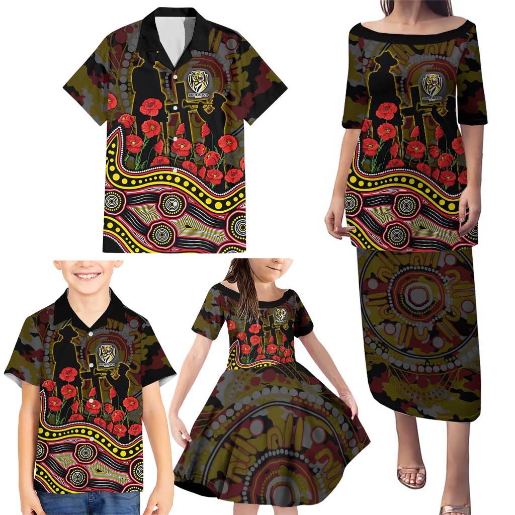 Richmond Tigers ANZAC Day Family Matching Puletasi and Hawaiian Shirt Indigenous Dot Art with Poppy Flower Tribute