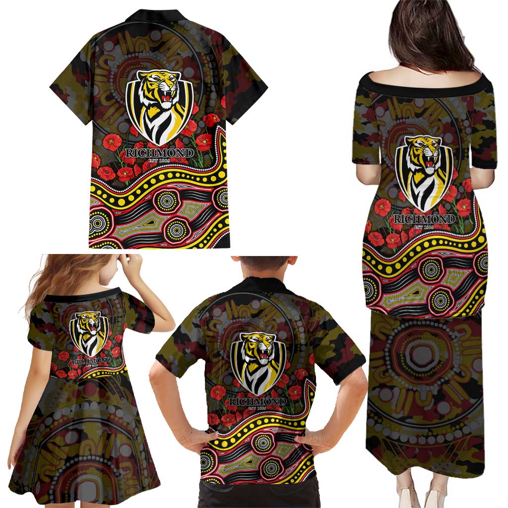 Richmond Tigers ANZAC Day Family Matching Puletasi and Hawaiian Shirt Indigenous Dot Art with Poppy Flower Tribute