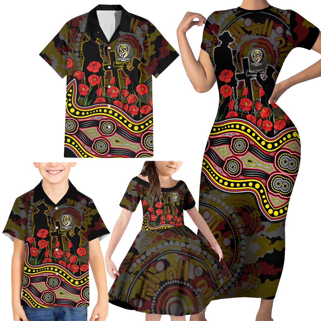 Richmond Tigers ANZAC Day Family Matching Short Sleeve Bodycon Dress and Hawaiian Shirt Indigenous Dot Art with Poppy Flower Tribute
