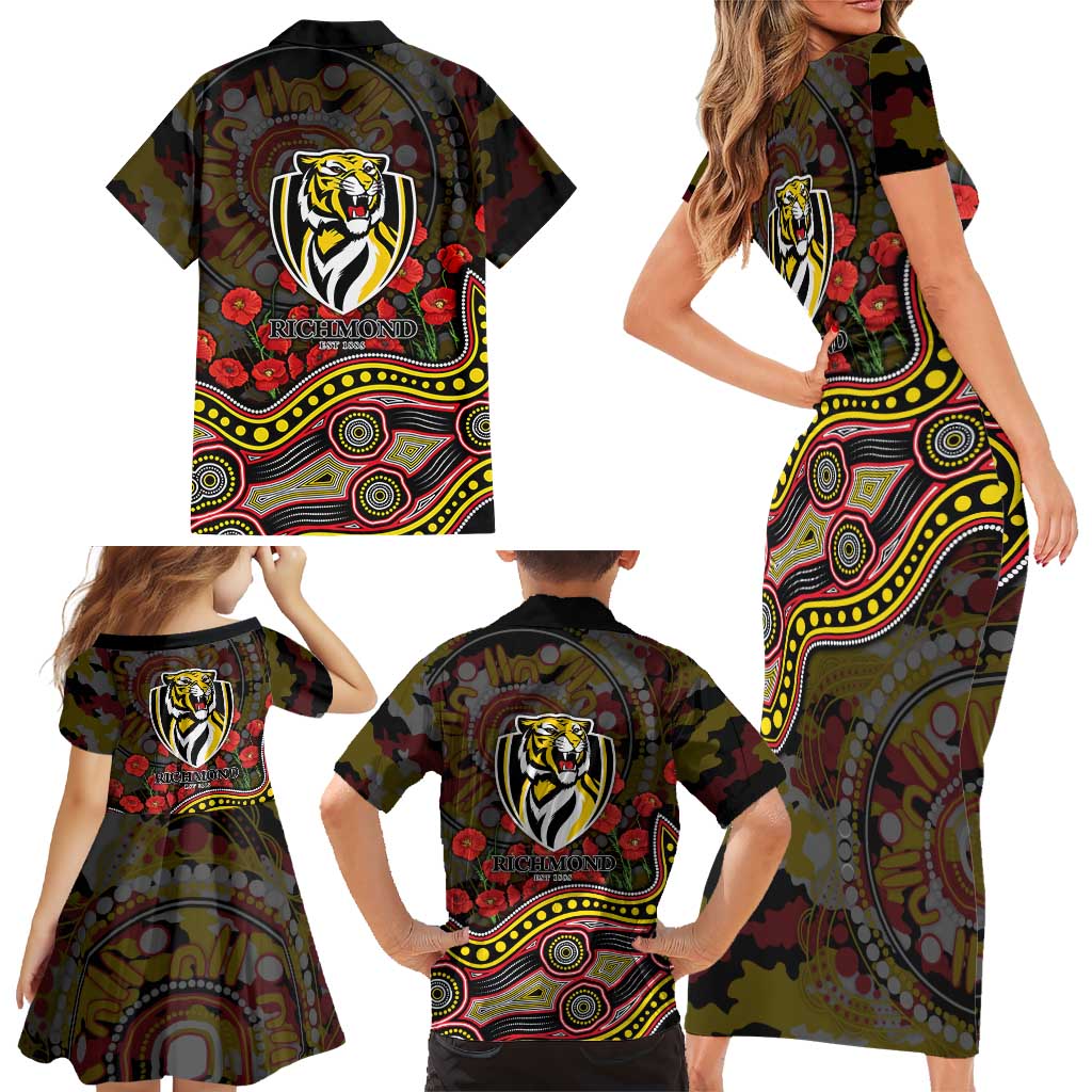 Richmond Tigers ANZAC Day Family Matching Short Sleeve Bodycon Dress and Hawaiian Shirt Indigenous Dot Art with Poppy Flower Tribute
