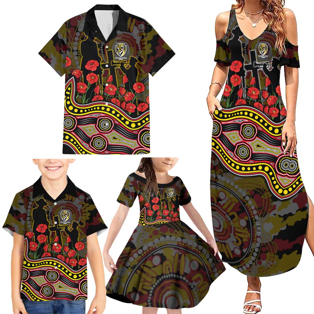 Richmond Tigers ANZAC Day Family Matching Summer Maxi Dress and Hawaiian Shirt Indigenous Dot Art with Poppy Flower Tribute