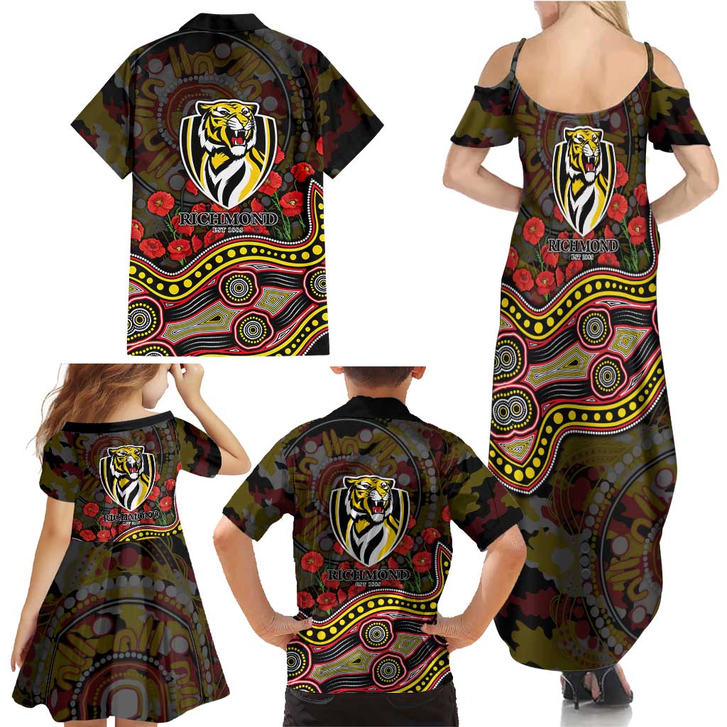 Richmond Tigers ANZAC Day Family Matching Summer Maxi Dress and Hawaiian Shirt Indigenous Dot Art with Poppy Flower Tribute