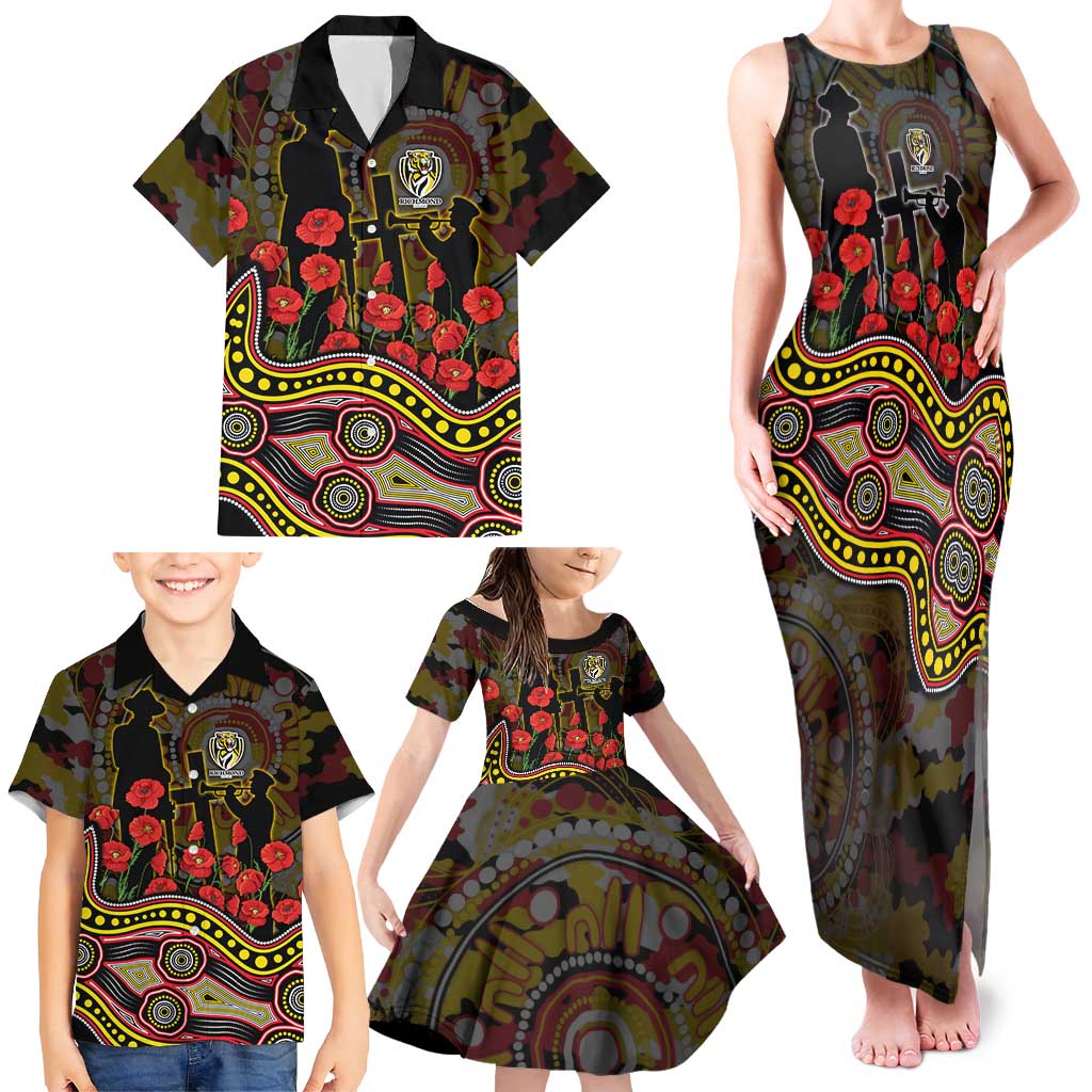 Richmond Tigers ANZAC Day Family Matching Tank Maxi Dress and Hawaiian Shirt Indigenous Dot Art with Poppy Flower Tribute