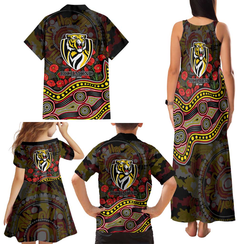 Richmond Tigers ANZAC Day Family Matching Tank Maxi Dress and Hawaiian Shirt Indigenous Dot Art with Poppy Flower Tribute