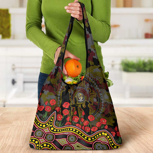 Richmond Tigers ANZAC Day Grocery Bag Indigenous Dot Art with Poppy Flower Tribute