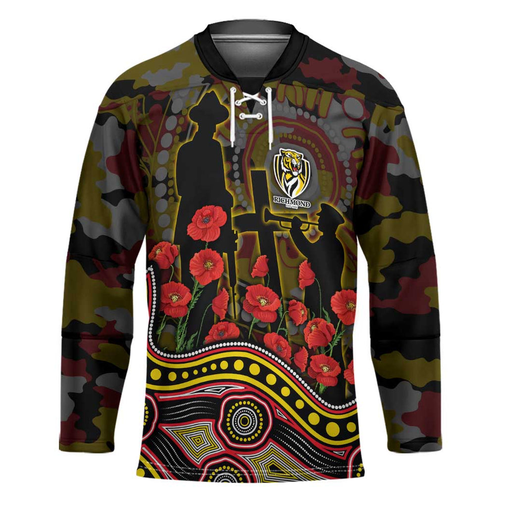Richmond Tigers ANZAC Day Hockey Jersey Indigenous Dot Art with Poppy Flower Tribute