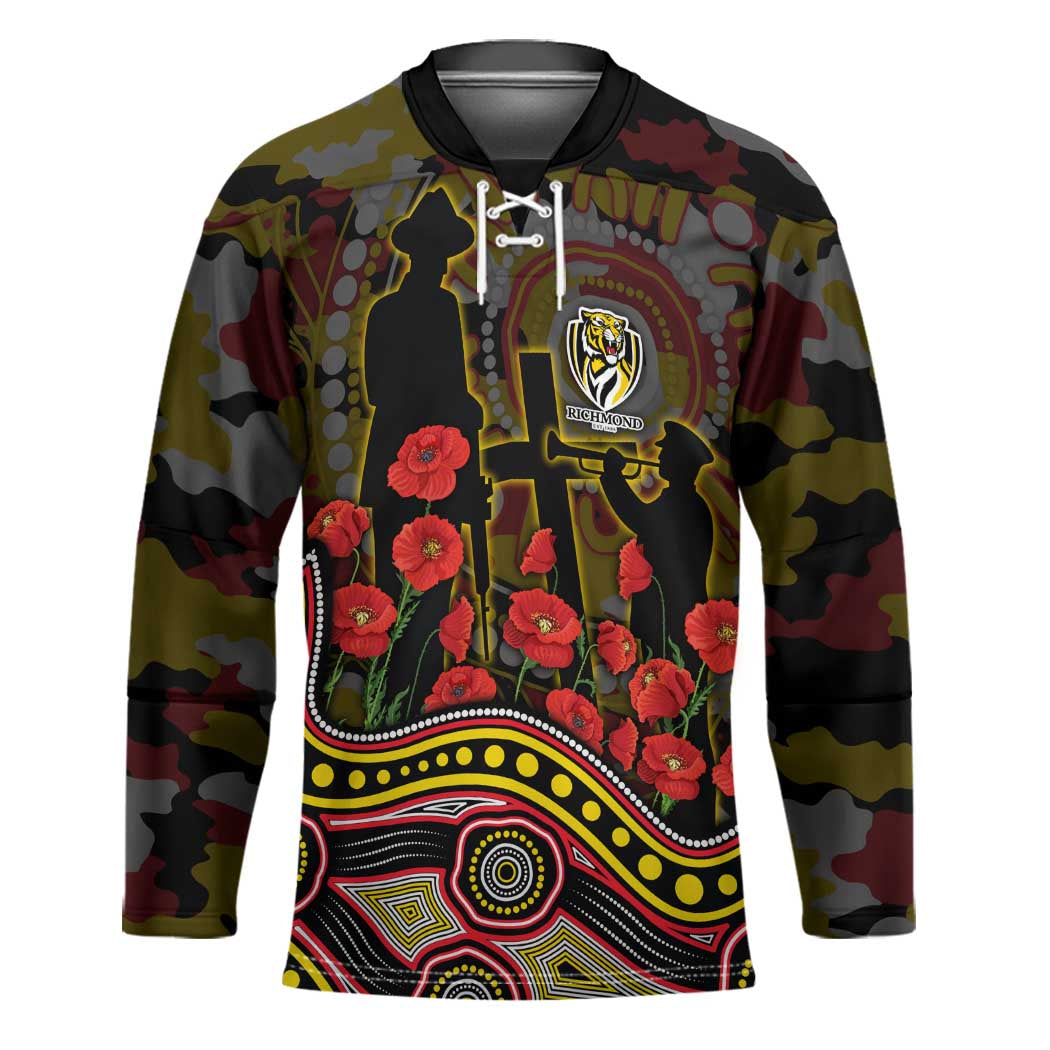 Richmond Tigers ANZAC Day Hockey Jersey Indigenous Dot Art with Poppy Flower Tribute