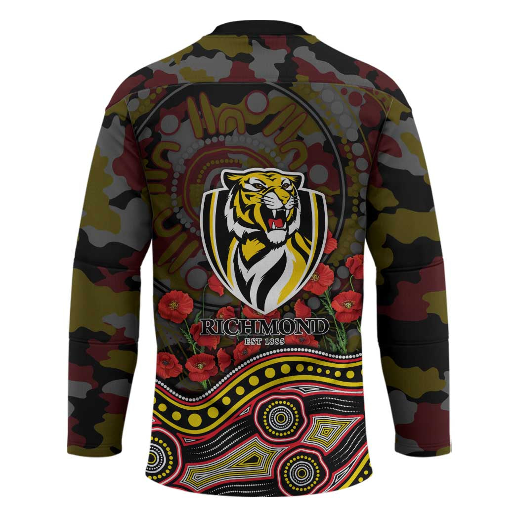 Richmond Tigers ANZAC Day Hockey Jersey Indigenous Dot Art with Poppy Flower Tribute