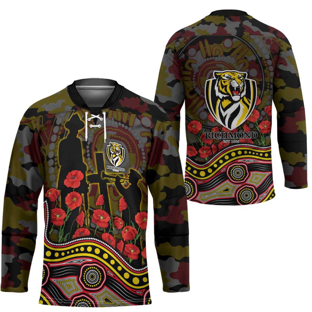 Richmond Tigers ANZAC Day Hockey Jersey Indigenous Dot Art with Poppy Flower Tribute