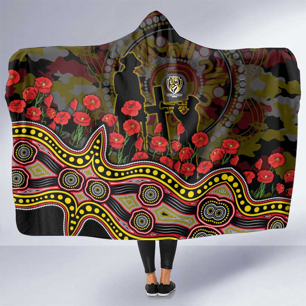 Richmond Tigers ANZAC Day Hooded Blanket Indigenous Dot Art with Poppy Flower Tribute