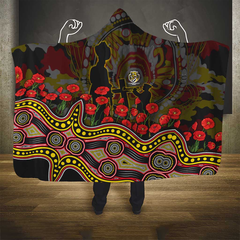 Richmond Tigers ANZAC Day Hooded Blanket Indigenous Dot Art with Poppy Flower Tribute