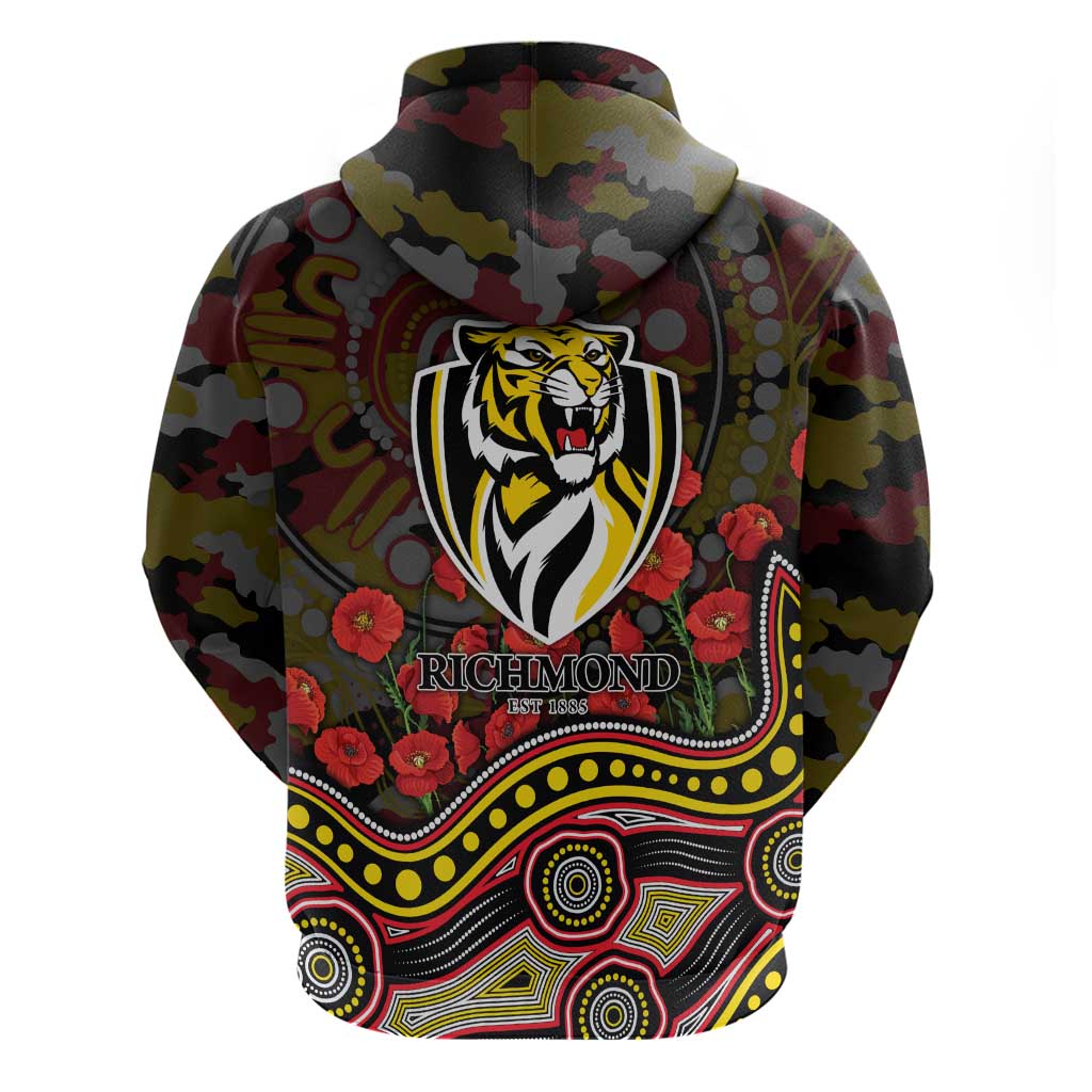 Richmond Tigers ANZAC Day Hoodie Indigenous Dot Art with Poppy Flower Tribute