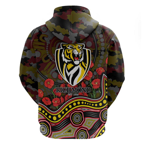 Richmond Tigers ANZAC Day Hoodie Indigenous Dot Art with Poppy Flower Tribute