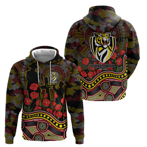 Richmond Tigers ANZAC Day Hoodie Indigenous Dot Art with Poppy Flower Tribute