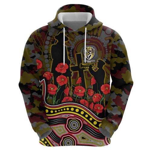 Richmond Tigers ANZAC Day Hoodie Indigenous Dot Art with Poppy Flower Tribute