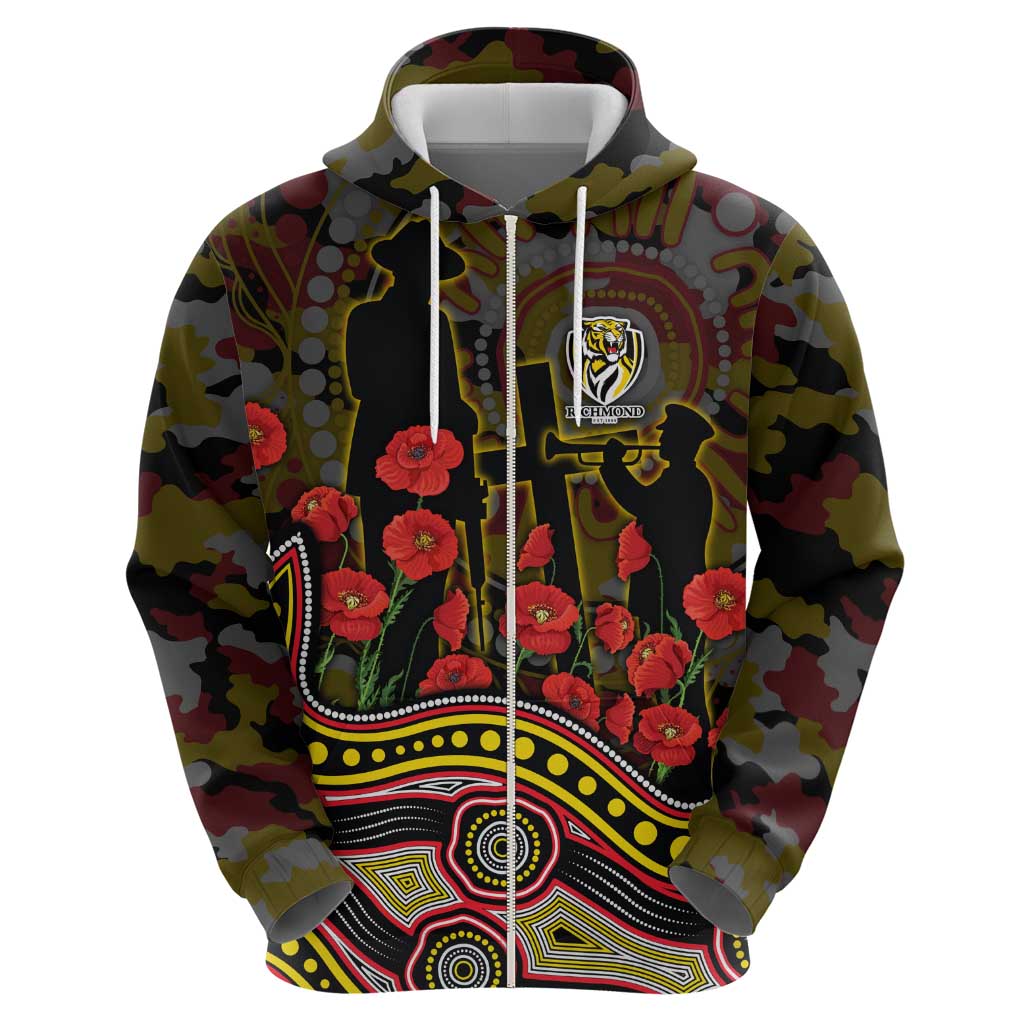 Richmond Tigers ANZAC Day Hoodie Indigenous Dot Art with Poppy Flower Tribute