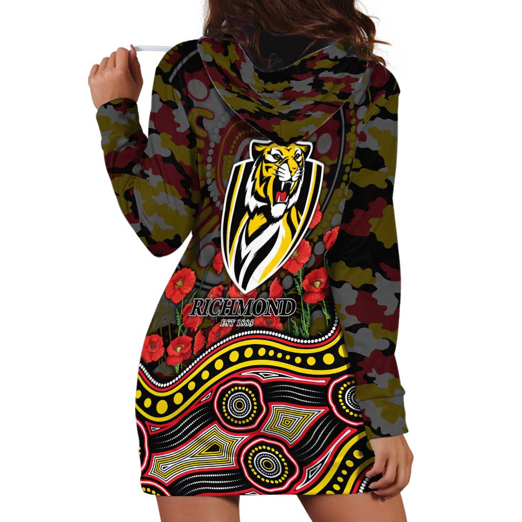 Richmond Tigers ANZAC Day Hoodie Dress Indigenous Dot Art with Poppy Flower Tribute