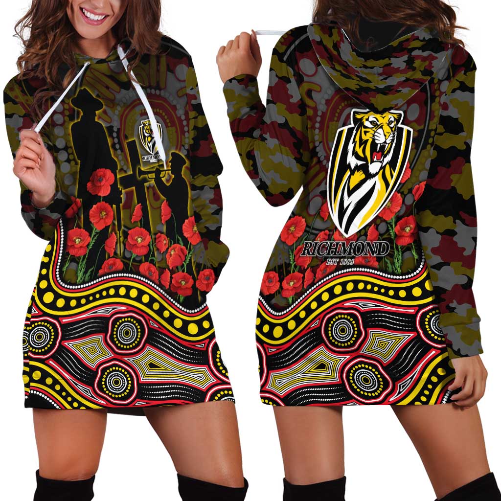 Richmond Tigers ANZAC Day Hoodie Dress Indigenous Dot Art with Poppy Flower Tribute