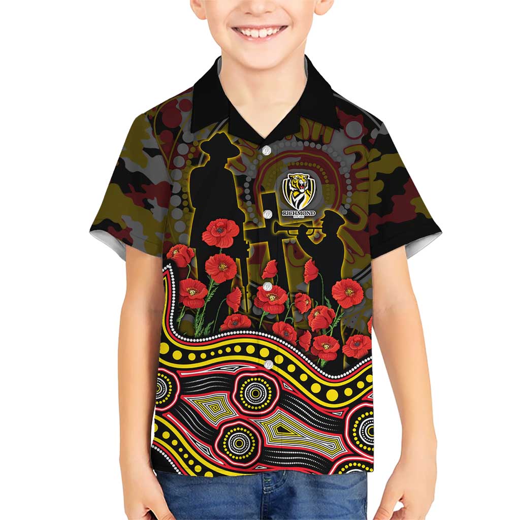 Richmond Tigers ANZAC Day Kid Hawaiian Shirt Indigenous Dot Art with Poppy Flower Tribute