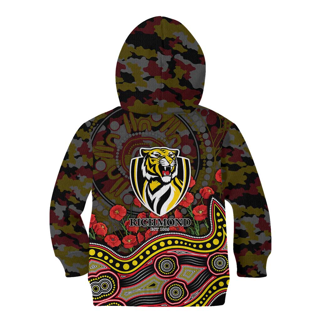Richmond Tigers ANZAC Day Kid Hoodie Indigenous Dot Art with Poppy Flower Tribute