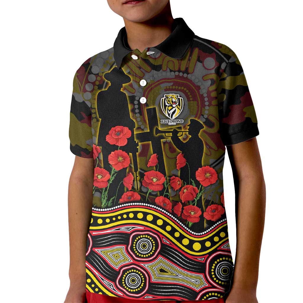 Richmond Tigers ANZAC Day Kid Polo Shirt Indigenous Dot Art with Poppy Flower Tribute