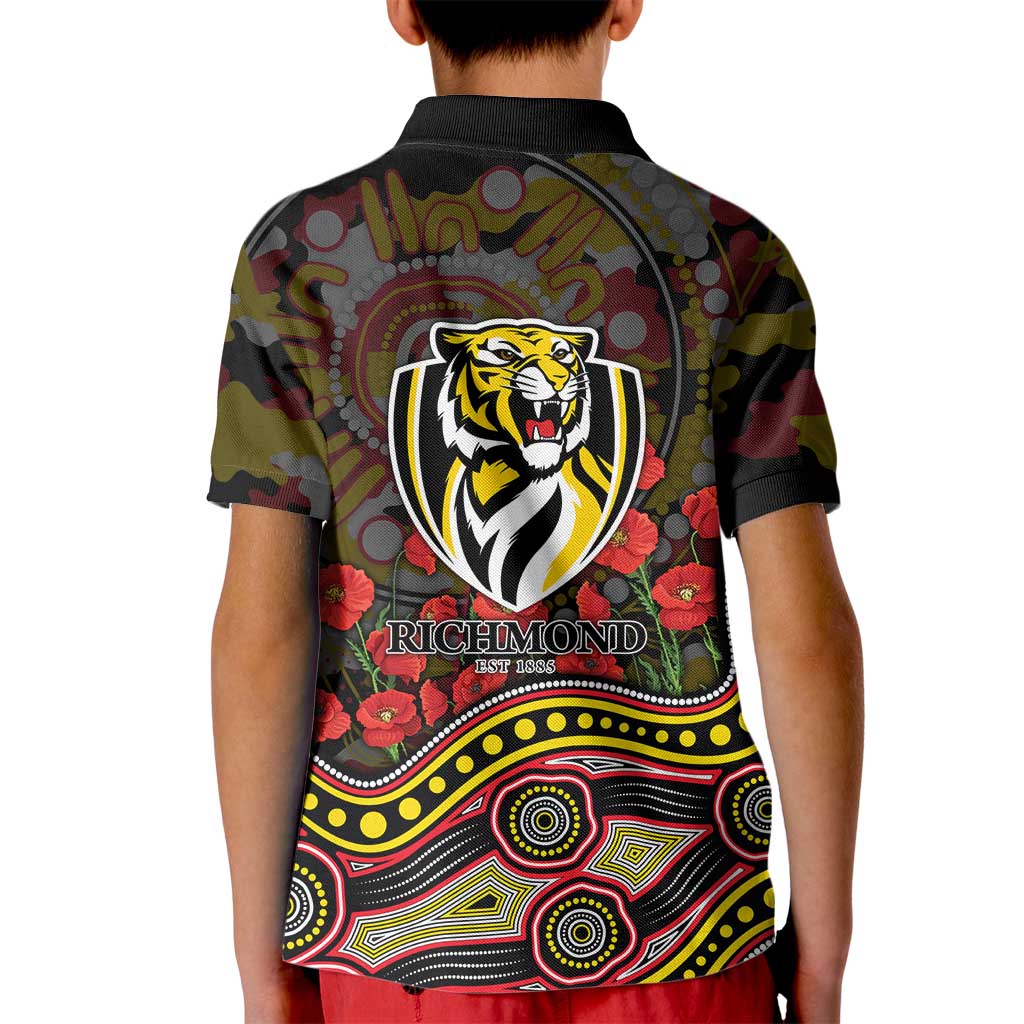 Richmond Tigers ANZAC Day Kid Polo Shirt Indigenous Dot Art with Poppy Flower Tribute