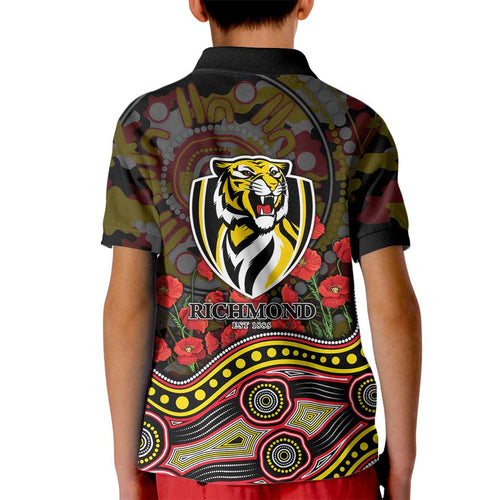 Richmond Tigers ANZAC Day Kid Polo Shirt Indigenous Dot Art with Poppy Flower Tribute