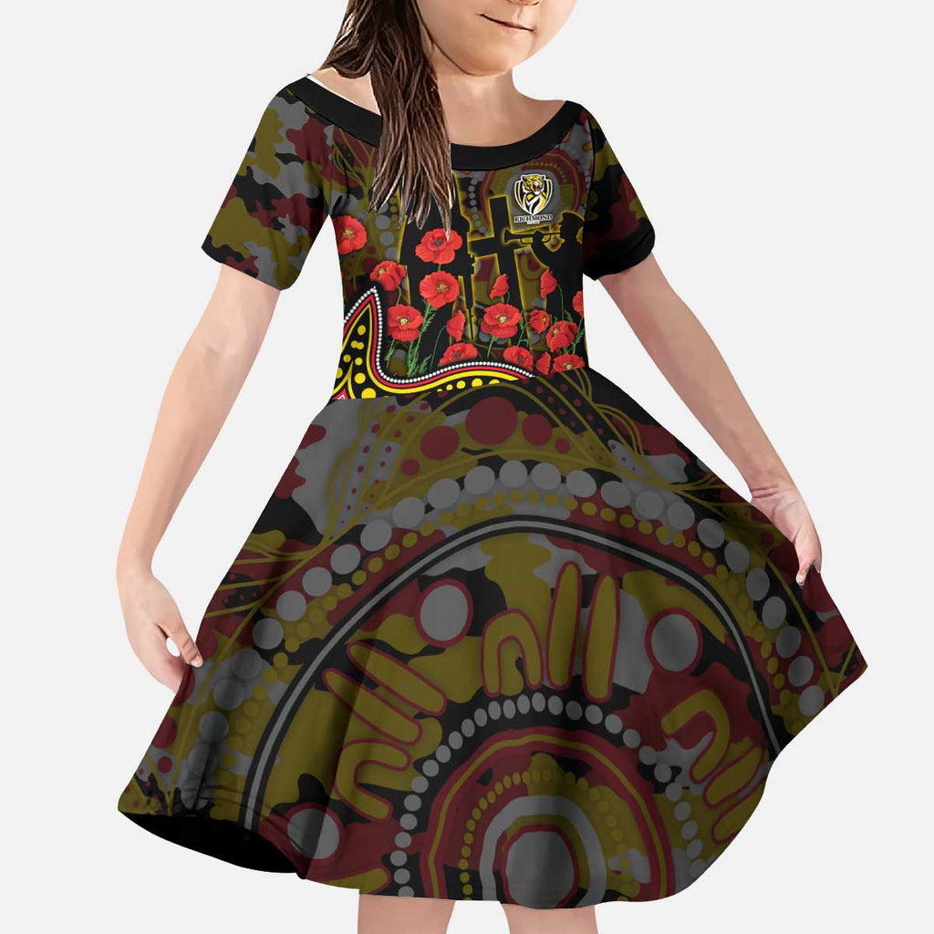 Richmond Tigers ANZAC Day Kid Short Sleeve Dress Indigenous Dot Art with Poppy Flower Tribute