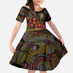 Richmond Tigers ANZAC Day Kid Short Sleeve Dress Indigenous Dot Art with Poppy Flower Tribute