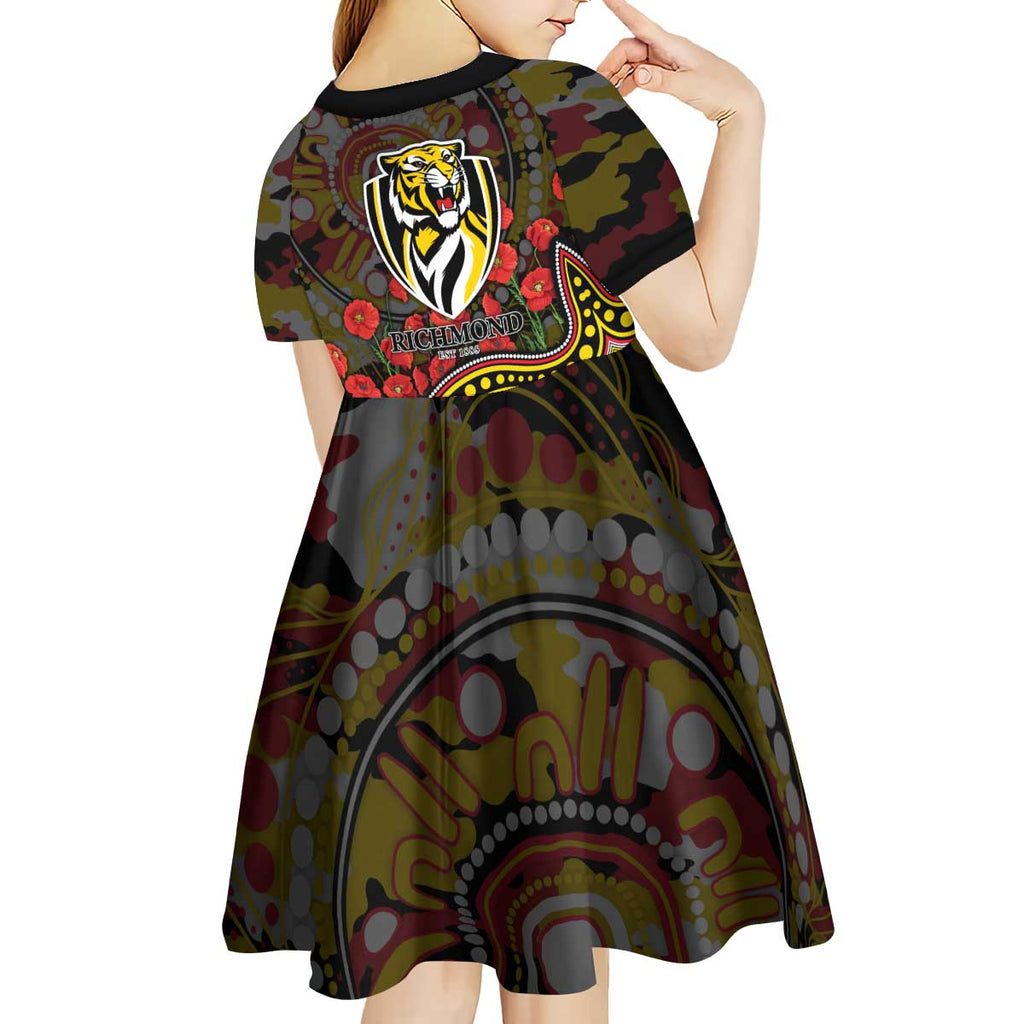 Richmond Tigers ANZAC Day Kid Short Sleeve Dress Indigenous Dot Art with Poppy Flower Tribute