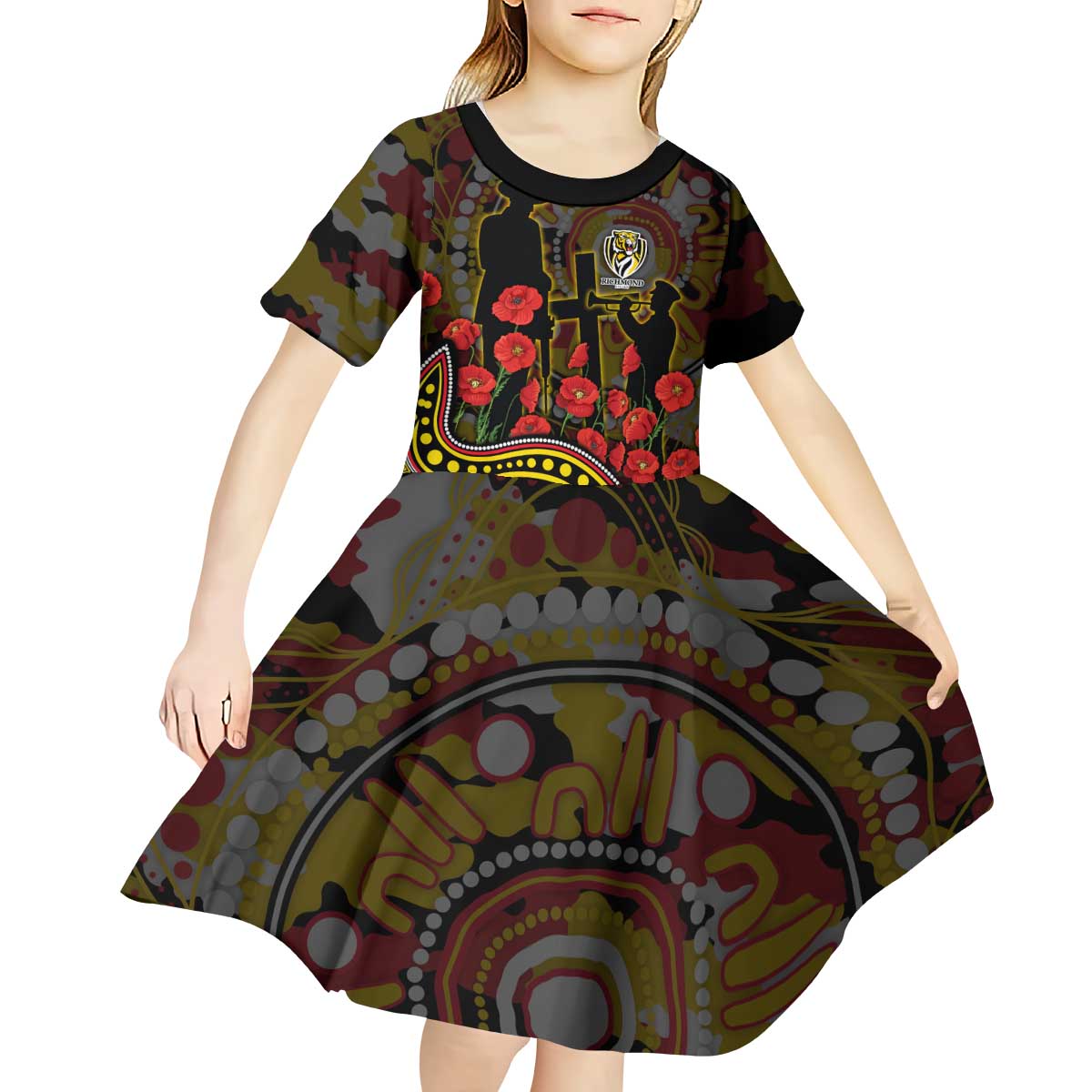Richmond Tigers ANZAC Day Kid Short Sleeve Dress Indigenous Dot Art with Poppy Flower Tribute