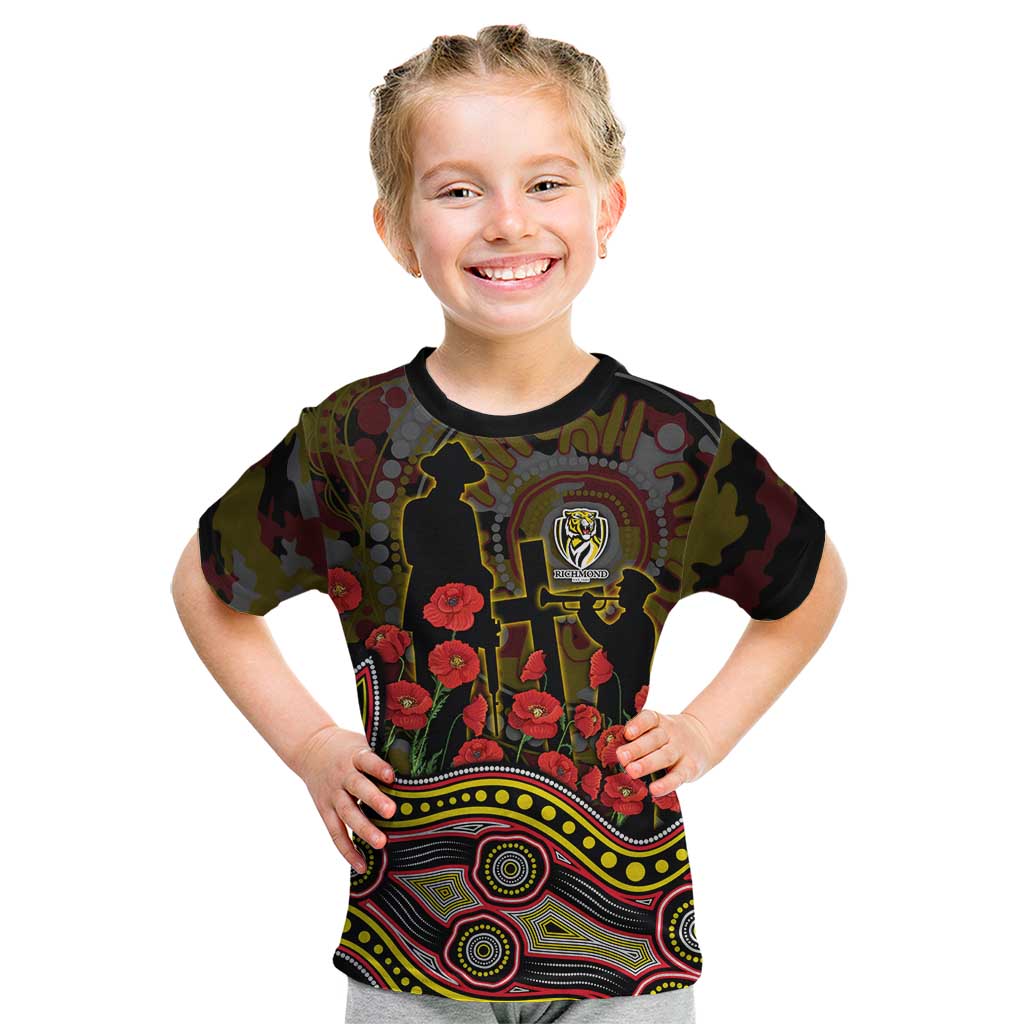Richmond Tigers ANZAC Day Kid T Shirt Indigenous Dot Art with Poppy Flower Tribute