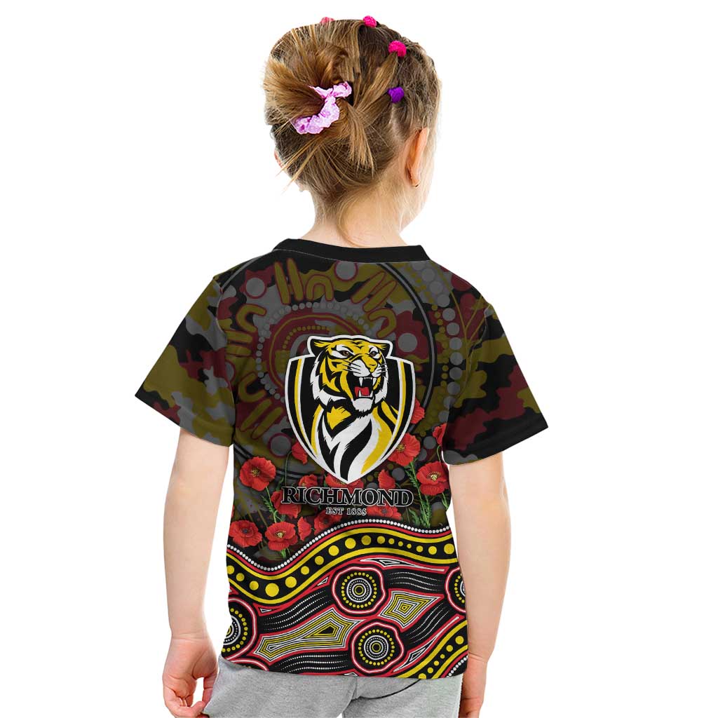 Richmond Tigers ANZAC Day Kid T Shirt Indigenous Dot Art with Poppy Flower Tribute