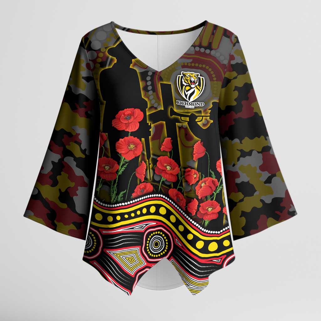 Richmond Tigers ANZAC Day Kimono Sleeve Blouse Indigenous Dot Art with Poppy Flower Tribute