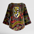 Richmond Tigers ANZAC Day Kimono Sleeve Blouse Indigenous Dot Art with Poppy Flower Tribute